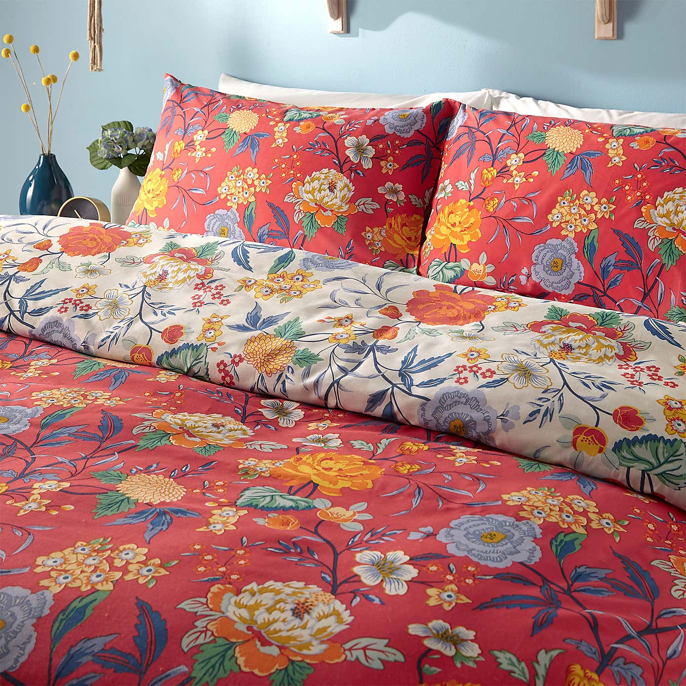 Azalea RED 3x6 SINGLE Floral Duvet Cover and Pillowcase Set