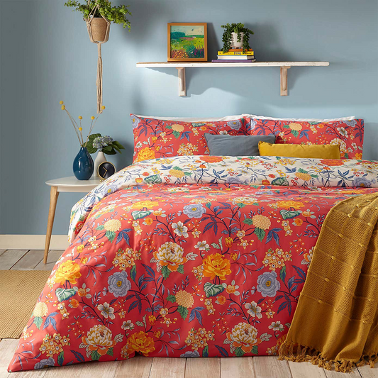 Azalea RED 3x6 SINGLE Floral Duvet Cover and Pillowcase Set