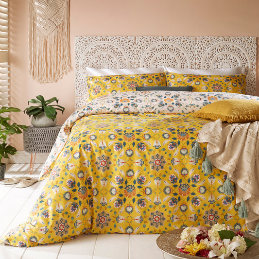 Folk Floral 6x6 SUPER KING Yellow Duvet Cover and Pillowcase Set