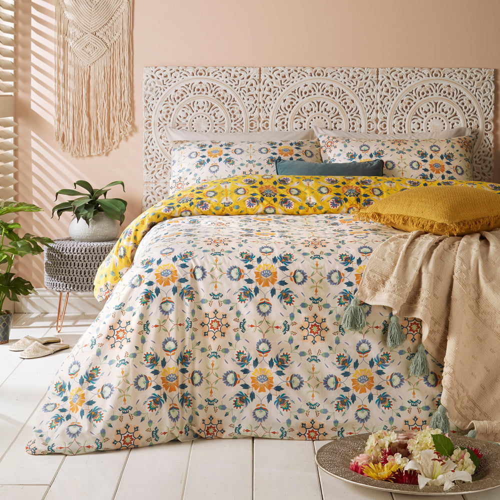 Folk Floral 6x6 SUPER KING Yellow Duvet Cover and Pillowcase Set