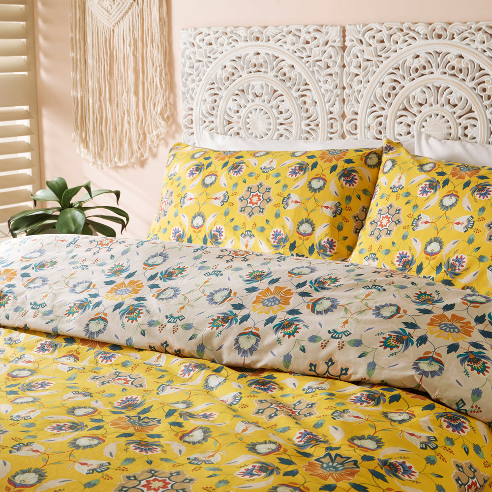 Folk Floral 6x6 SUPER KING Yellow Duvet Cover and Pillowcase Set