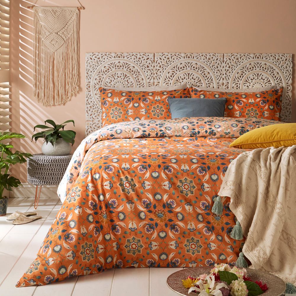 Folk Floral 5x6 KING Orange Duvet Cover and Pillowcase Set
