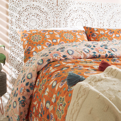 Folk Floral 6x6 SUPER KING Orange Duvet Cover and Pillowcase Set