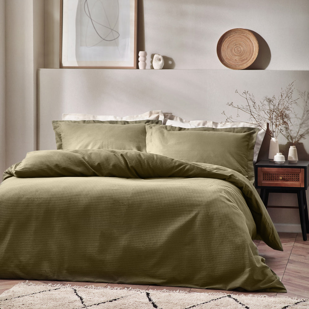 Waffle Texture 5x6 KING Duvet Cover and Pillowcase Set - Olive