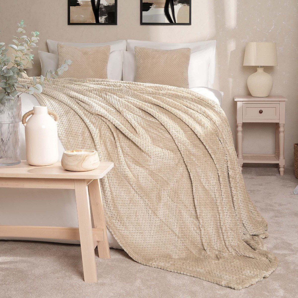 Waffle Textured Mink Throw - Cream