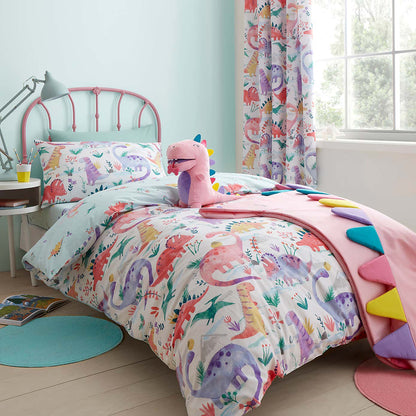 Happy Pink Dinosaur Reversible 3x6 SINGLE Duvet Cover and Pillowcase Set