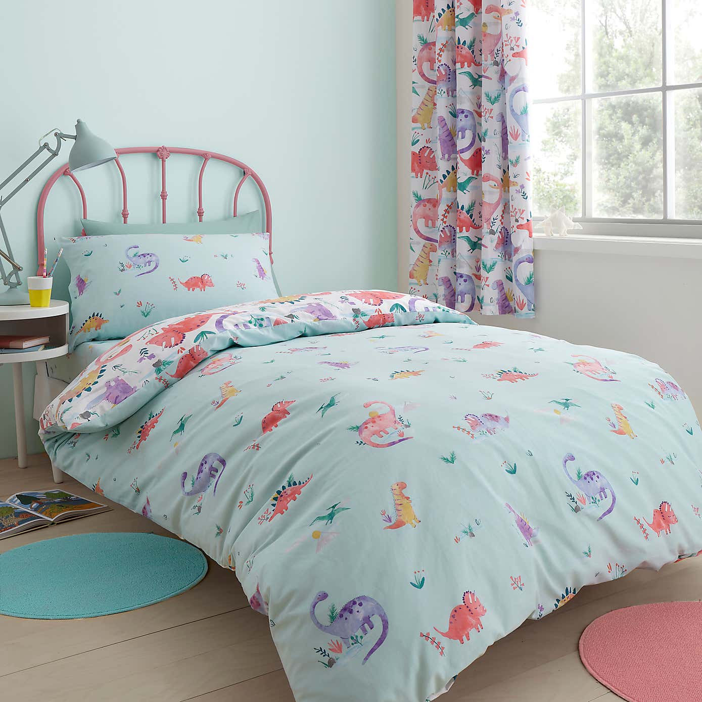 Happy Pink Dinosaur Reversible 3x6 SINGLE Duvet Cover and Pillowcase Set