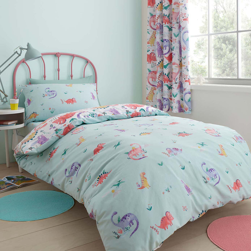 Happy Pink Dinosaur Reversible 3x6 SINGLE Duvet Cover and Pillowcase Set