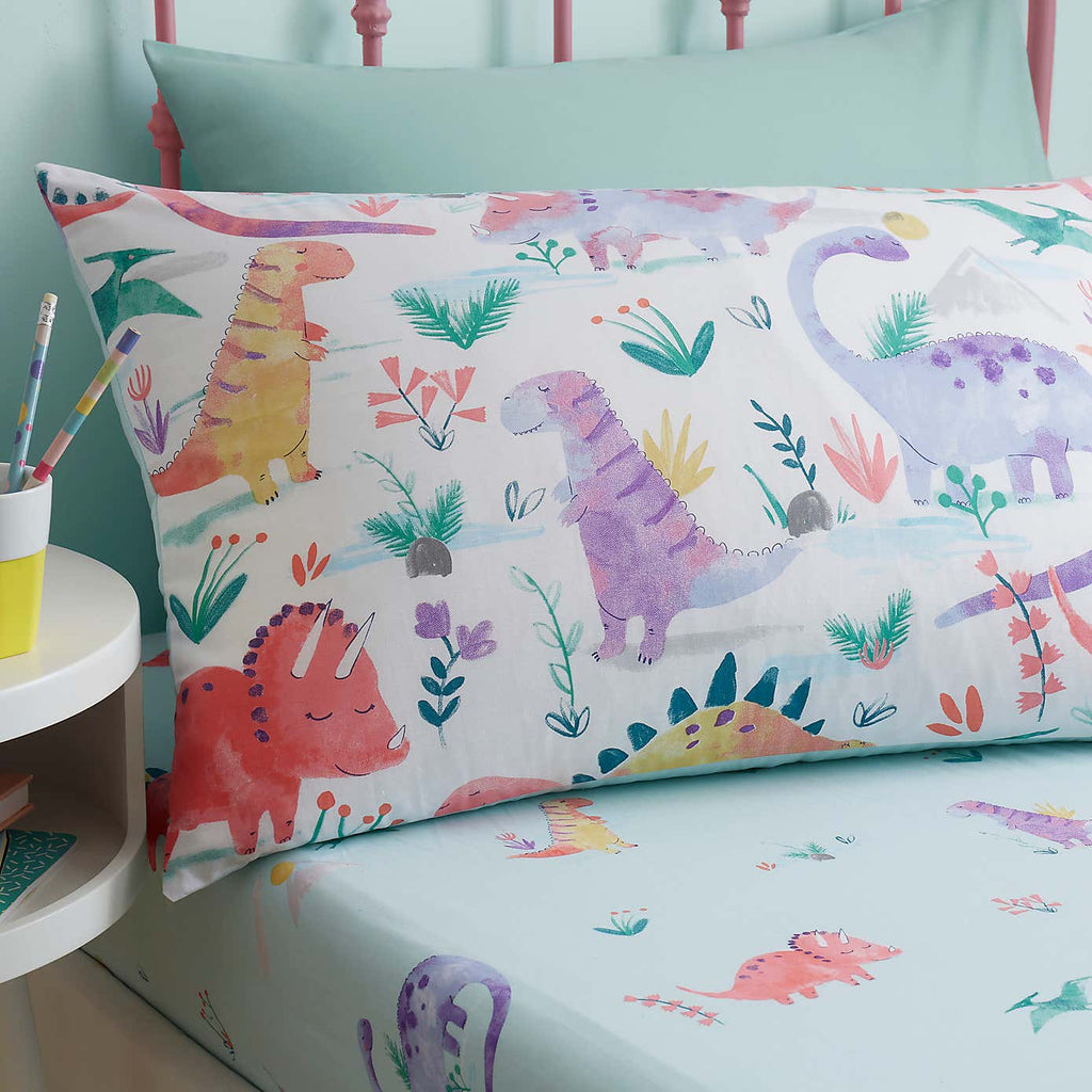 Happy Pink Dinosaur Reversible 3x6 SINGLE Duvet Cover and Pillowcase Set